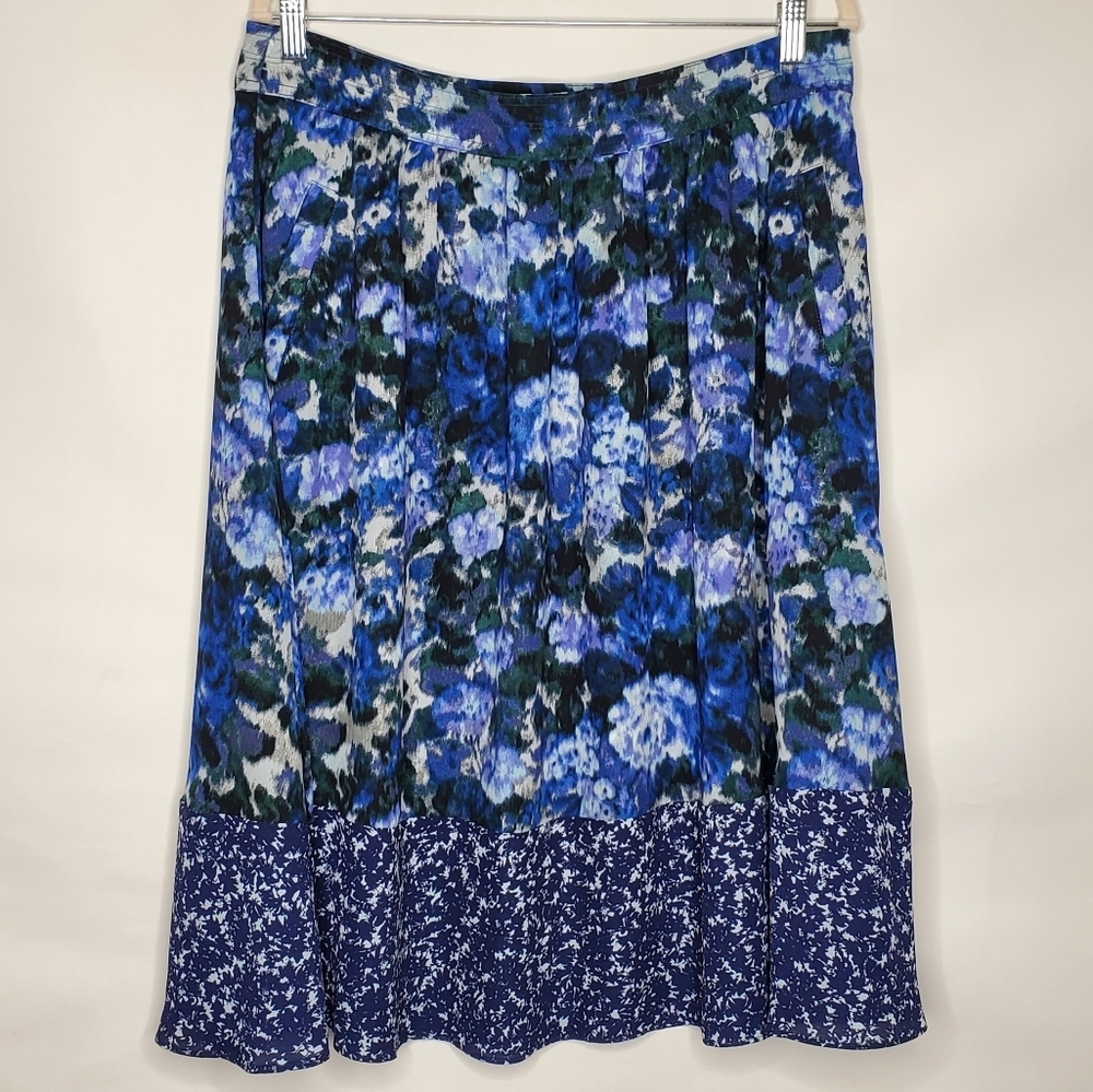 Adrianna Papell Floral Satiny Midi Skirt Size 14 with Pockets Watercolor Print